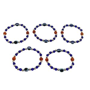 Evil Eye Rudraksh Blue Silver Bead Bracelet (5 Pack)